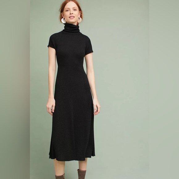 Anthropologie Maeve Samson Knitted Turtleneck Midi Dress Black Sparkle Size M - Picture 2 of 12